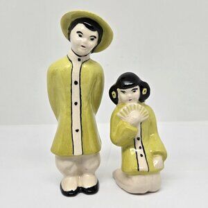 Hand Painted Vintage Chinese Man & Geisha Woman Ceramic Figurines, Yellow, 1957